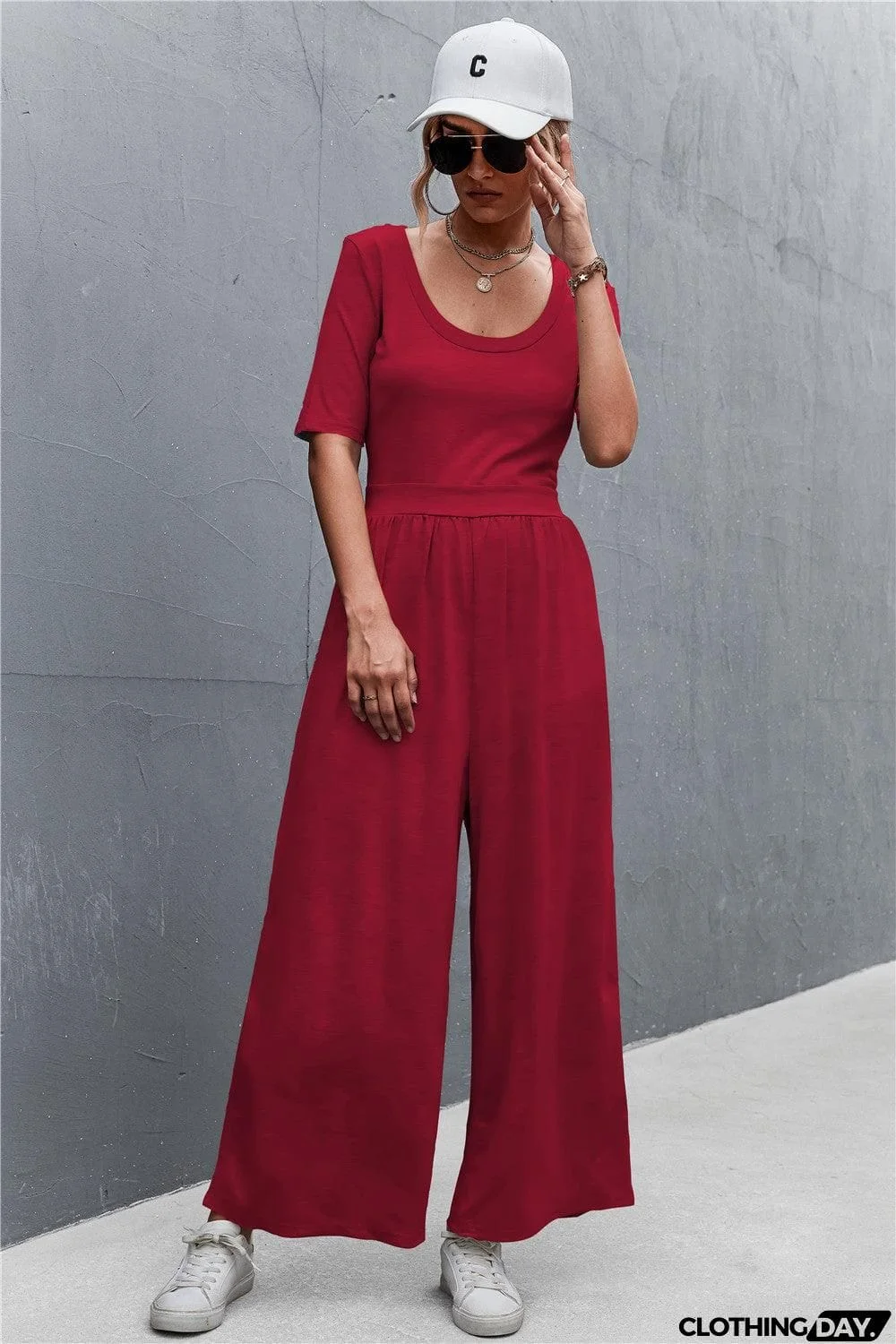 Scoop Neck Half Sleeve Wide Leg Jumpsuit