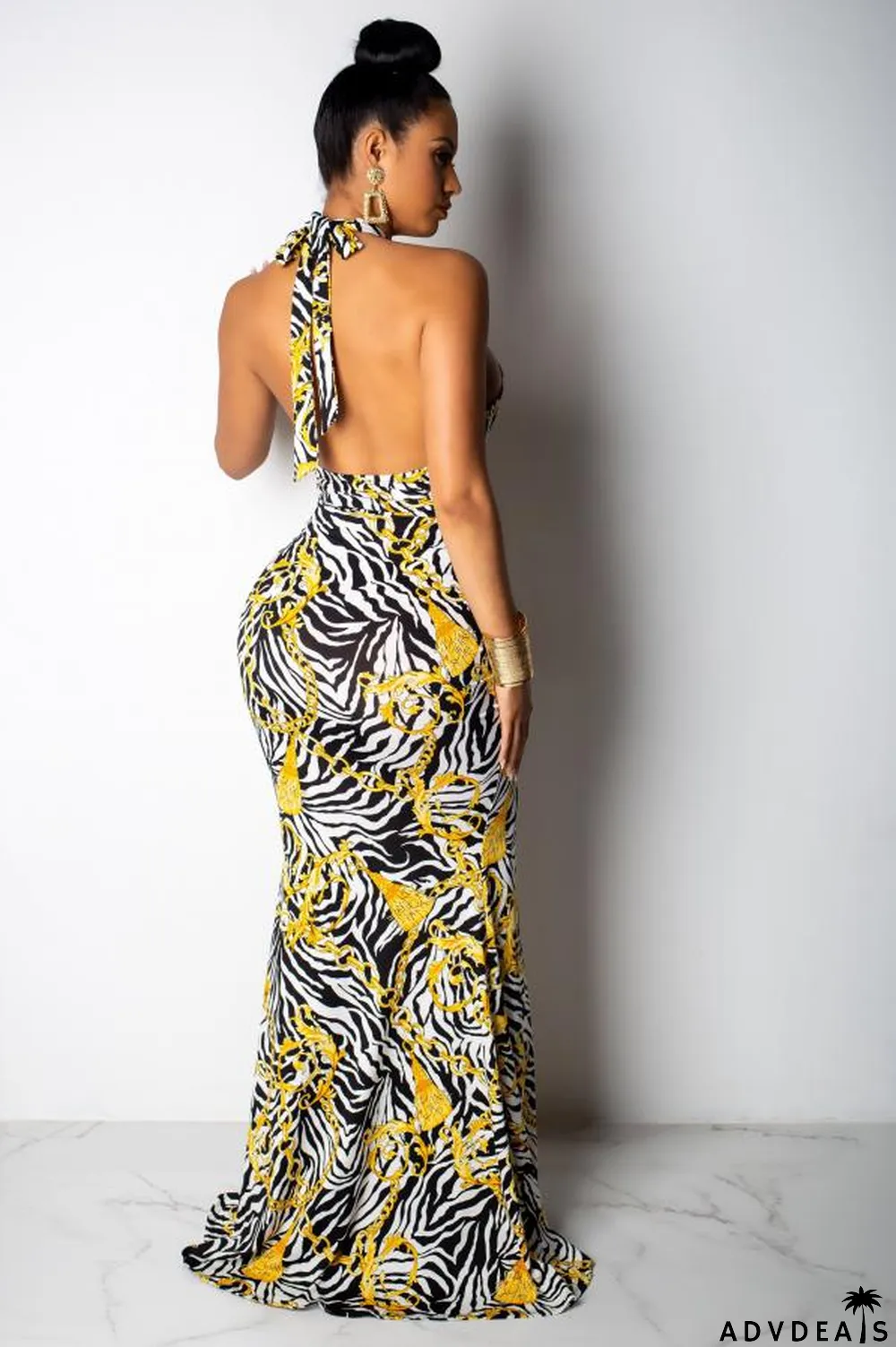 Multi-color Polyester Sexy Fashion Tank Sleeveless V Neck A-Line Floor-Length Print backless Patchwork hollow ou