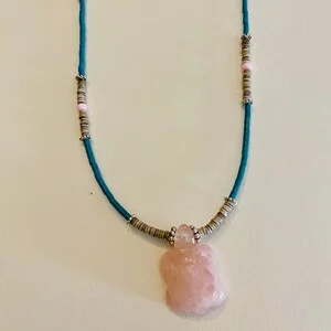 pornhint Pornhint Zuni Fetish Carved Animal Turtle in Rose Quartz, Turquoise and oyster shell necklace