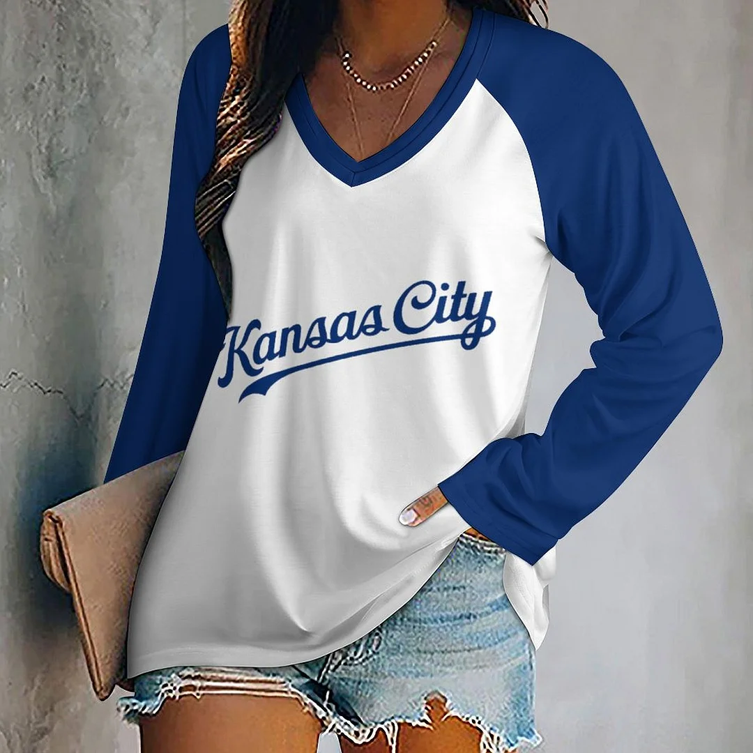 V-neck Long Sleeve Casual T-shirt for  Women and Men Printed with Pattern,Blue,Light Blue,Gold,White