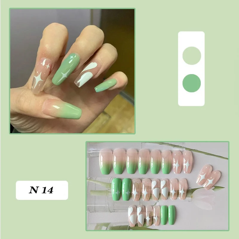 24pcs false nails matte Green Nails Patch with glue Removable Long Paragraph Fashion Manicure press on Nail tips free shipping-Nail Inspo