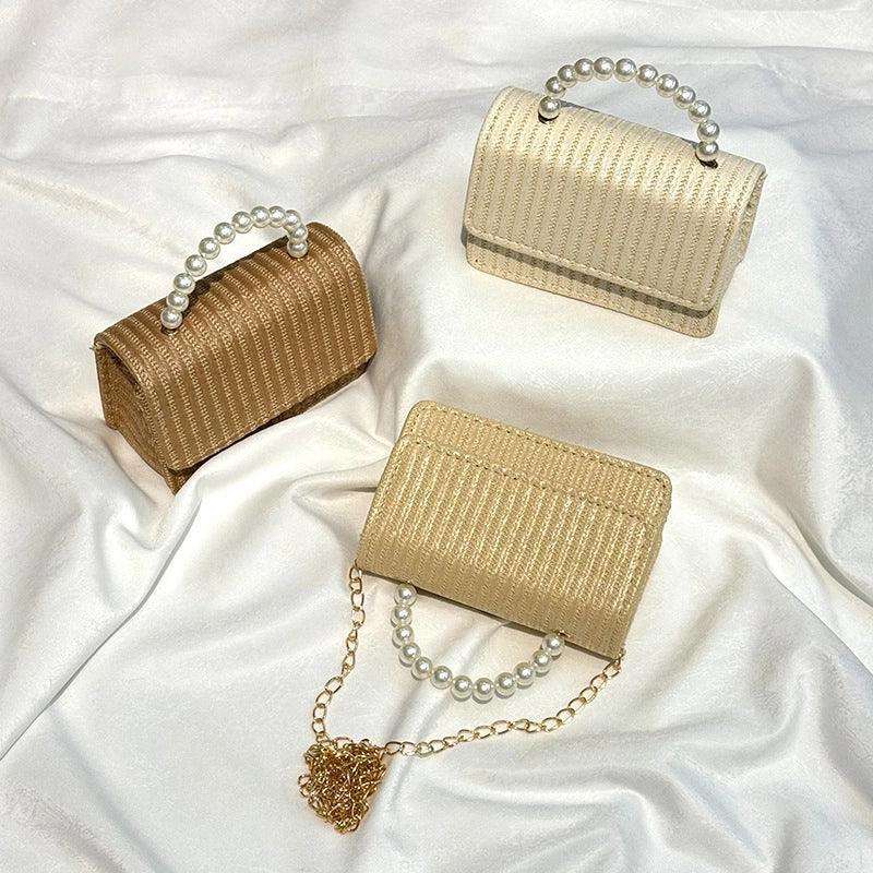 Women’s Straw Solid Color Vacation Beading Pearls Weave Square Magnetic Buckle Flip Cover Shoulder Bag Handbag Crossbody Bag