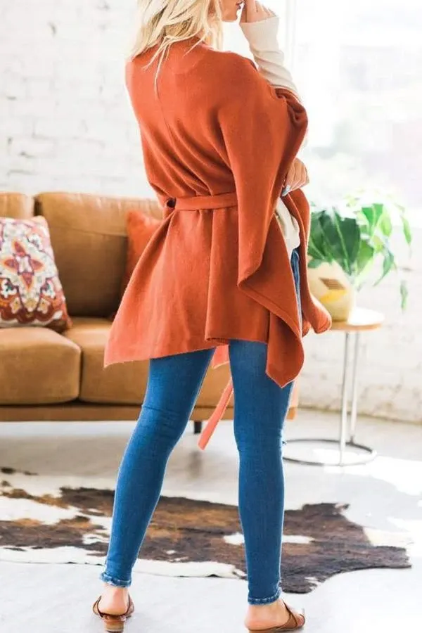 Solid Color Belt Batwing Sleeve Coat