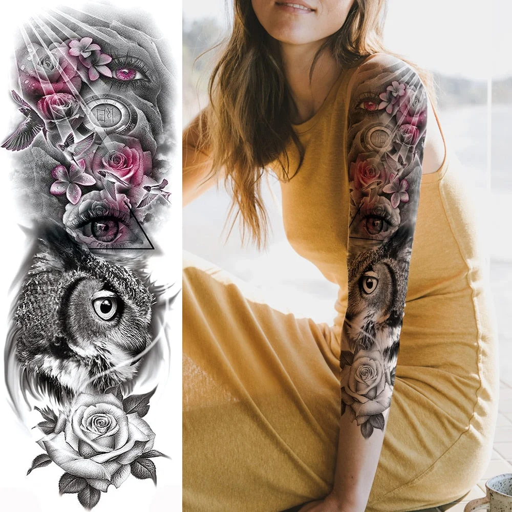 For Men Women Body Art Full Arm Sleeve Black Flower Tatoo Water Transfer Fake Tattoo Stickers Large Compass Temporary Tattoos