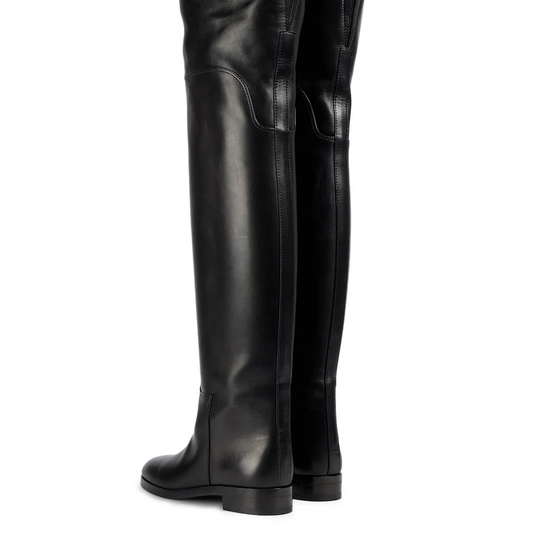 Black Round Toe Low Heel Wide Calf Thigh High Boots for Women