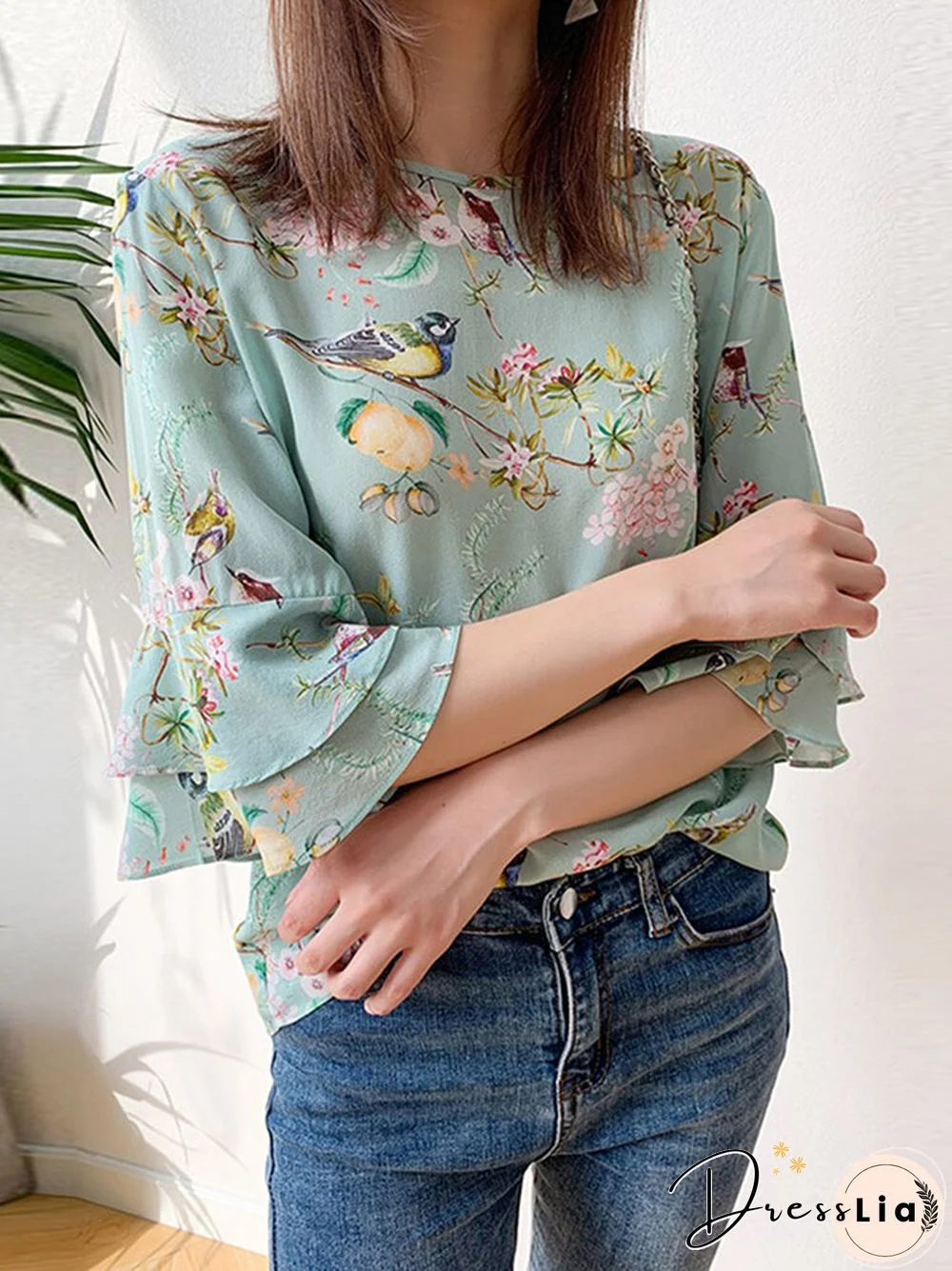 Plant Print Bell Sleeve Round Neck Blouse