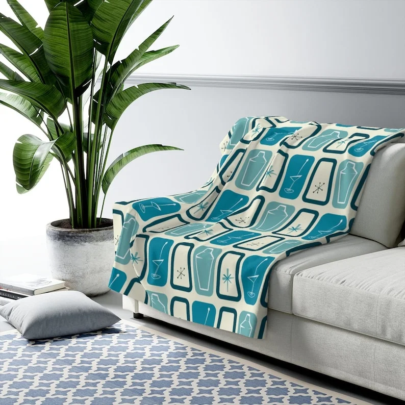 60''x80''Martini Shaker Retro 1950's 1960's Abstract Atomic Martini Cocktail Mid Century Modern Teal Blue Sherpa Fleece Blanket