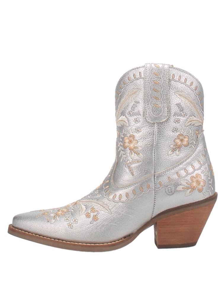 Silver Shiny Embroidered Floral Snip Toe Slanted Heel Cowgirl Booties