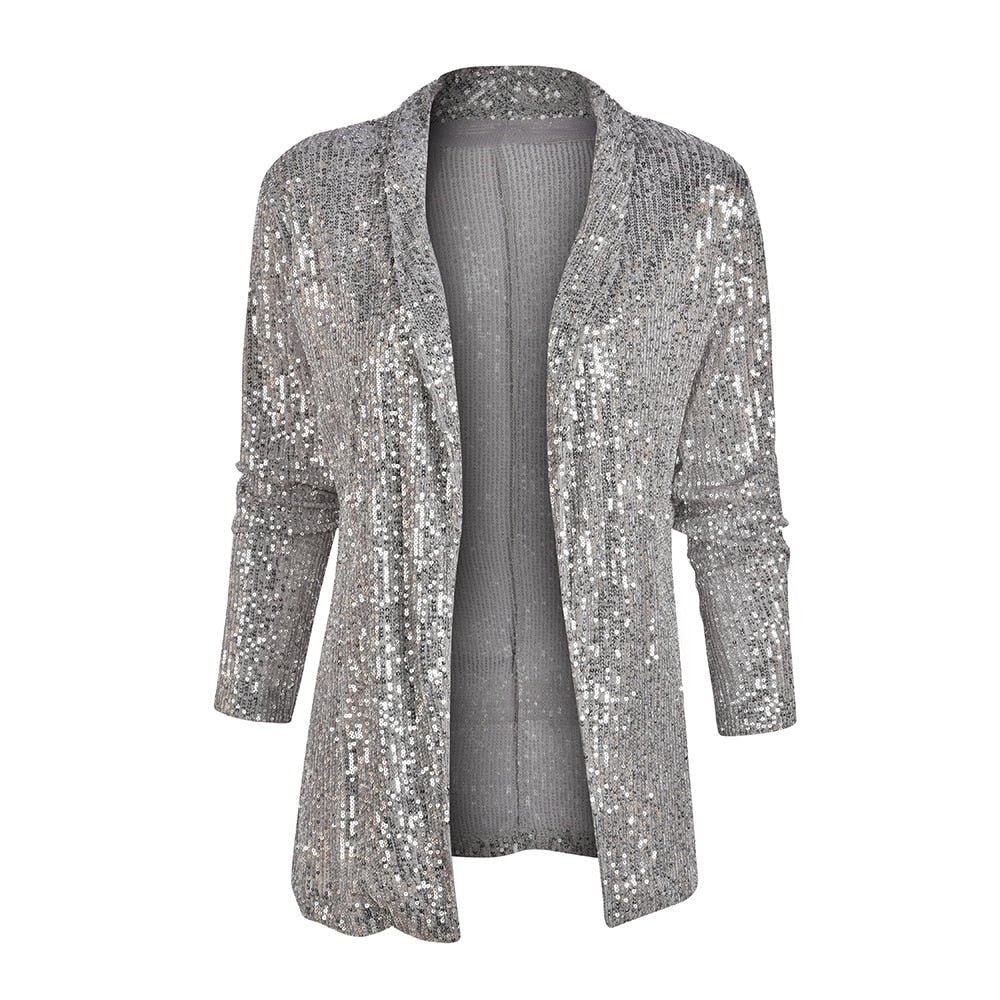 Women Sequin Sliver Work Suit Coat Office Work Blazers Lady Slim Jackets Shiny Female Elegant Sexy Long Sleeve Solid Blazers