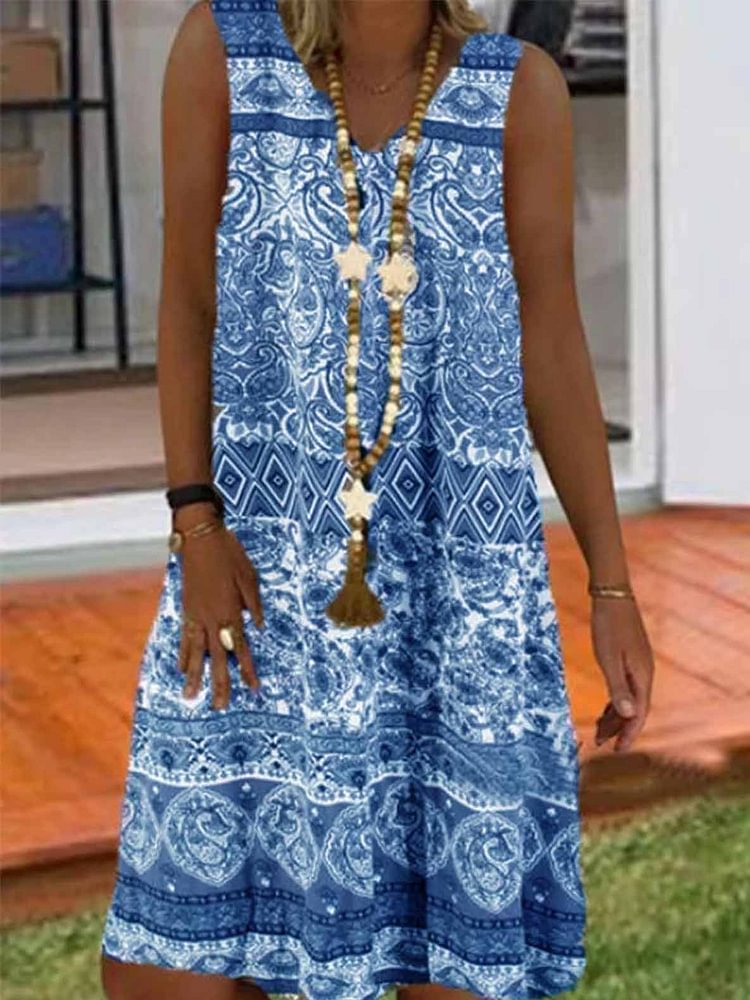 Casual Sleeveless V Neck Printed Dresses-Mayoulove