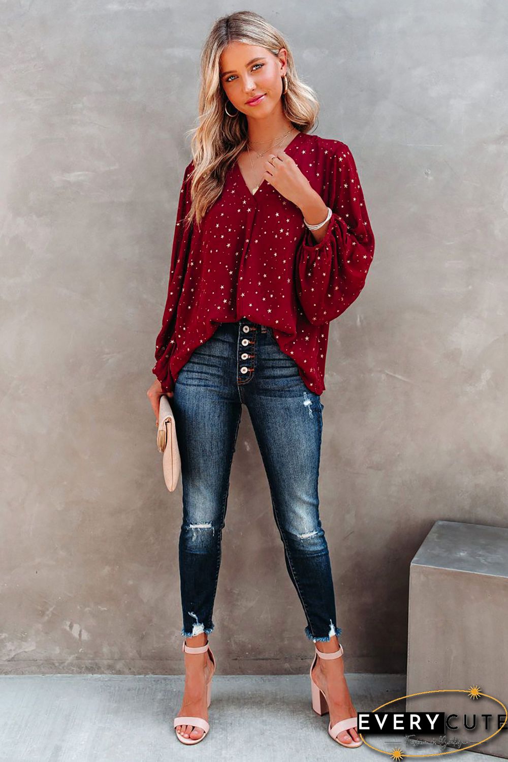 Red V Neck Star Print Billowy Sleeves Blouse