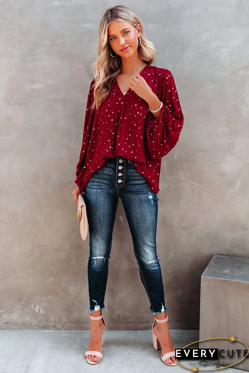 Red V Neck Star Print Billowy Sleeves Blouse