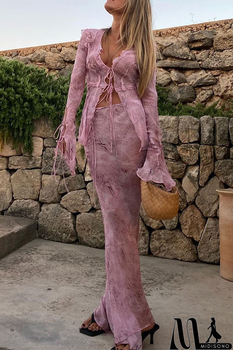 MidiSono - Sexy Solid Frenulum V Neck Long Sleeve Two Pieces