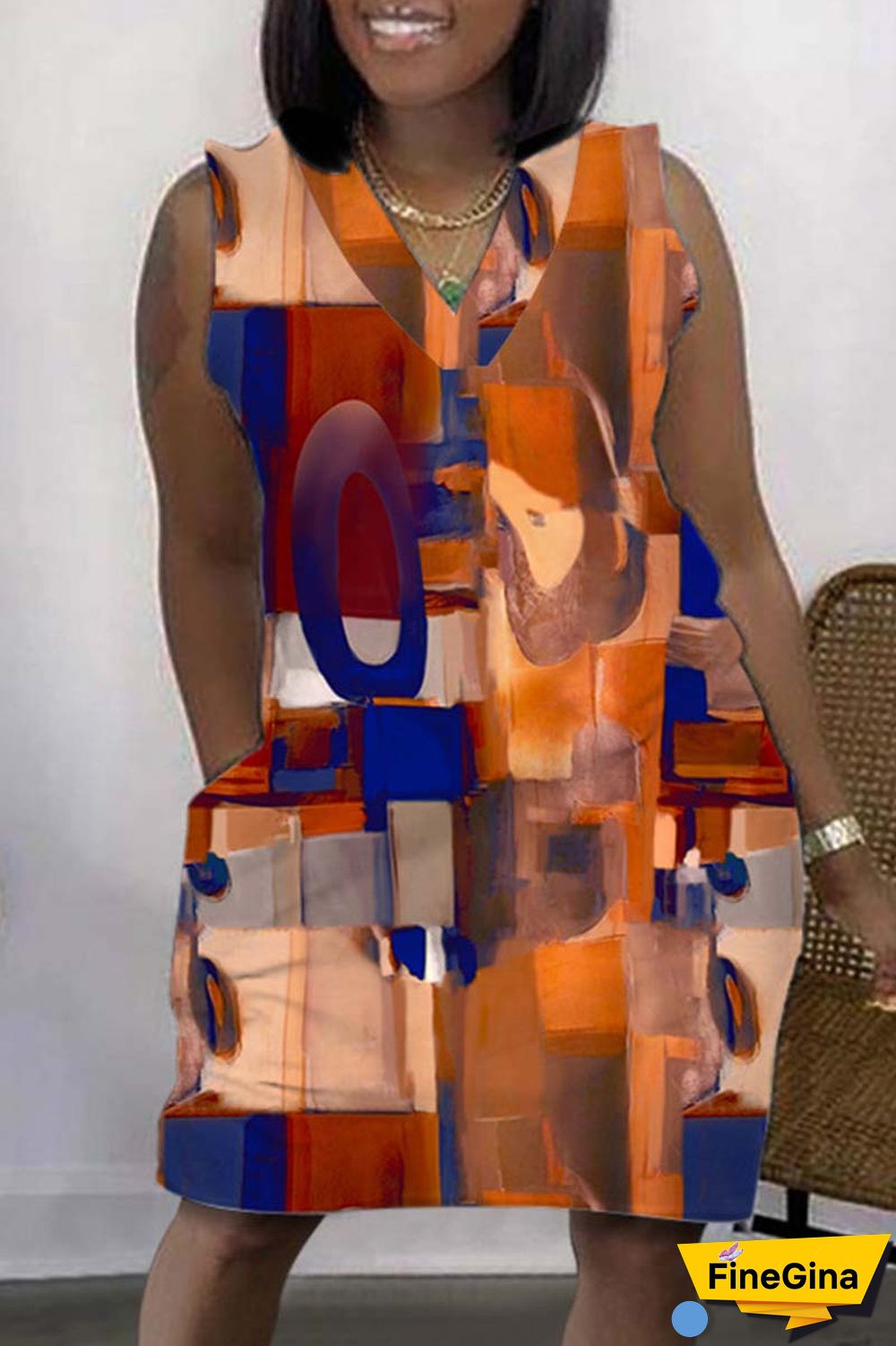 Coffee Casual Print Basic V Neck Sleeveless Dress Dresses