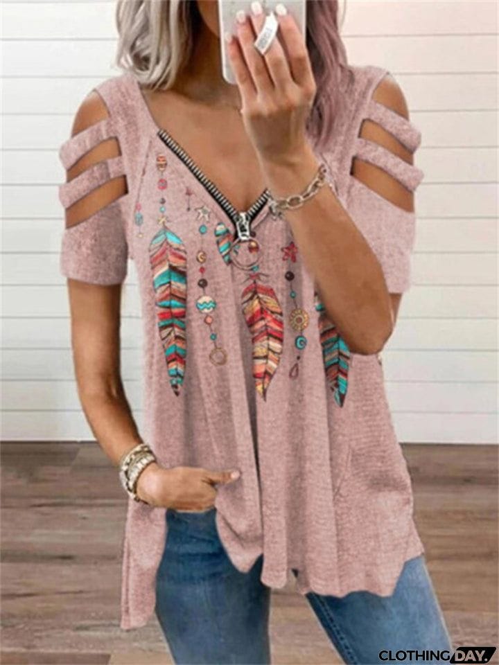 Special V-Neck Zipper Feather Print Short Sleeve T-Shirt