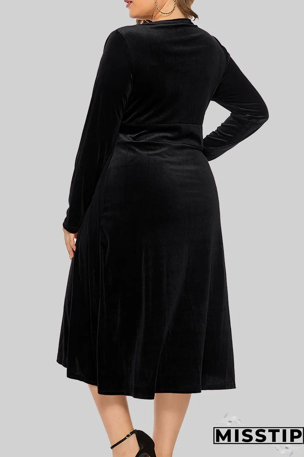 Burgundy Casual Solid Patchwork V Neck Long Sleeve Plus Size Dresses