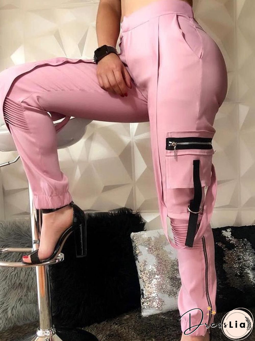 Spring Side Design Patchwork Zip Pocket Long Pants Women Elastic Waist Pleated Trousers Fashion Casual Jogging Cargo Pants