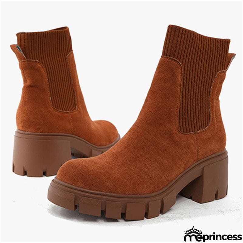 Winter Daily Women Chunky Heels Suede Chelsea Martin Boots