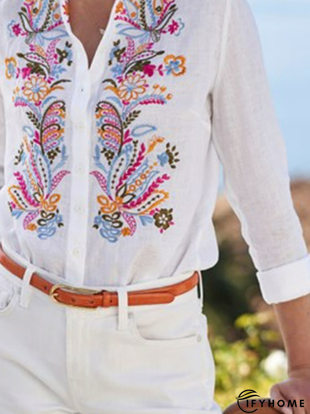 Casual FloralPrinted Stand Collar Cotton Loose Blouse | IFYHOME