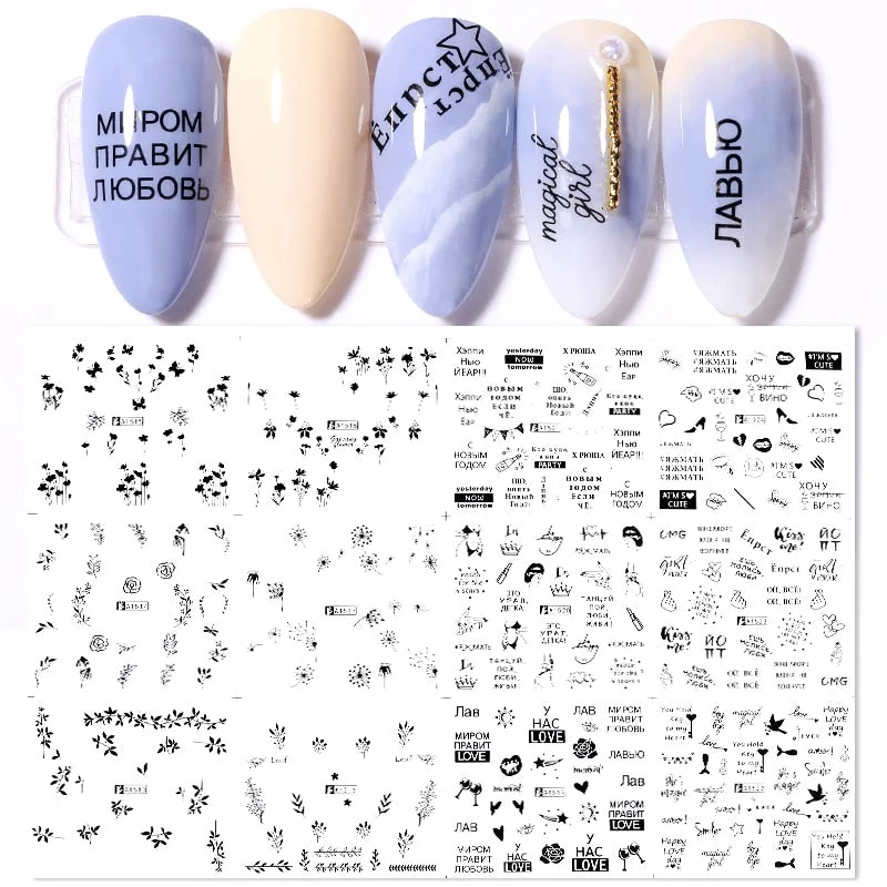 12Pcs Leopard Water Decals Sticker Hollow Floral Flower Leaves Geometry Water Transfer Watermark Foil Slider Decoration