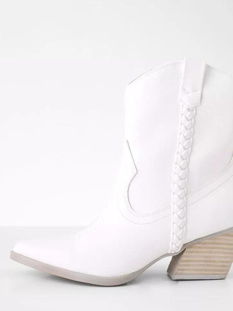 Embroidered Pointed Toe Slanted Heel White Cowgirl Ankle Boots