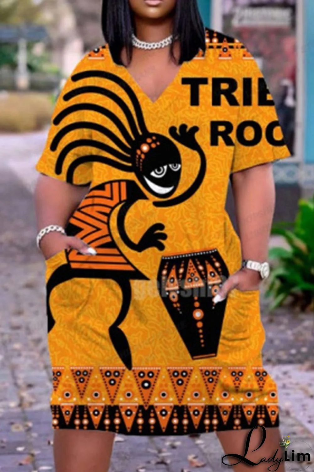 Black Casual Print Patchwork V Neck Straight Dresses