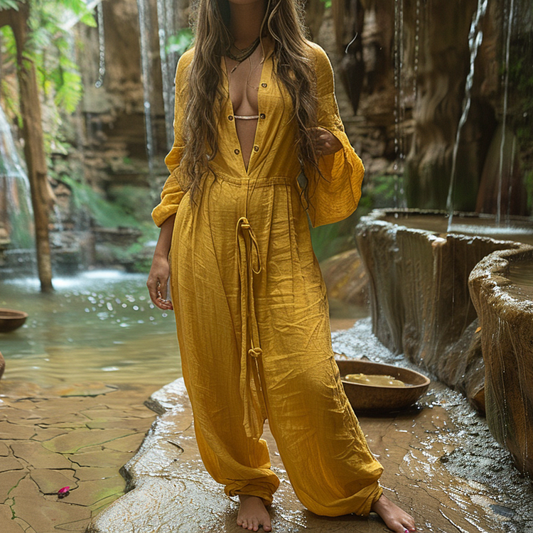 Women's Linen Retro Ethnic Style Large Silhouette Comfortable Breathable V-neck Jumpsuit Holiday Comfortable Casual Long