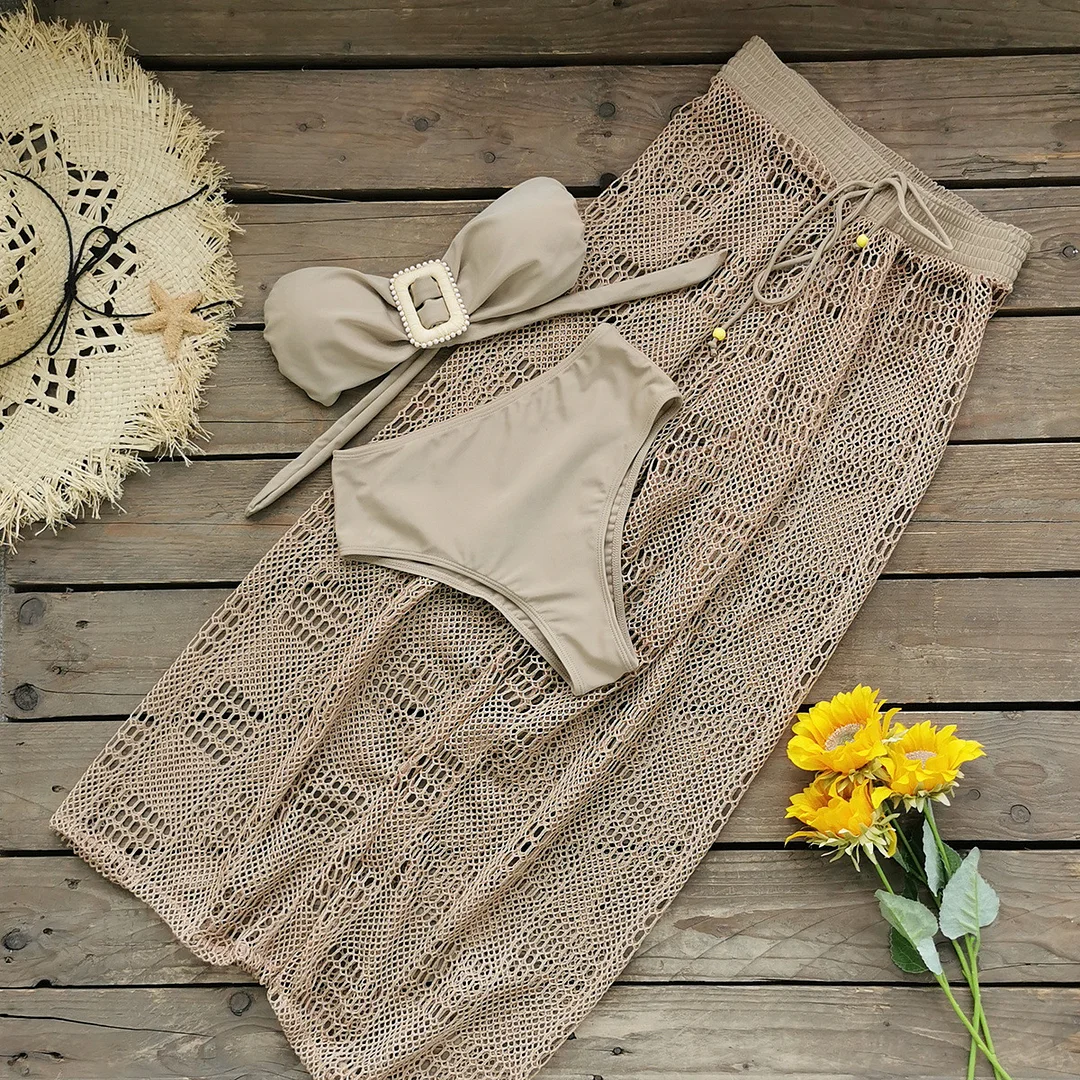 Athvotar Solid Color Strap With Bra High-Waisted Split Swimsuit Bikini Long Net Trousers Three-Piece Set 2025 New