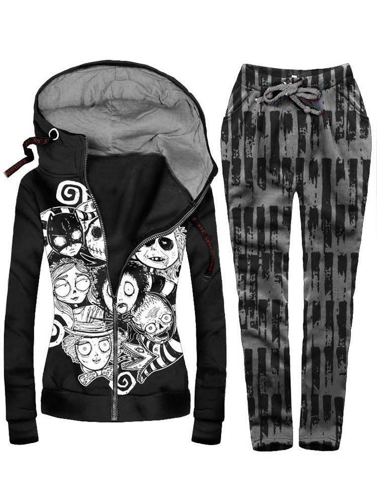 Punk Casual Hooded Jacket Coat Sport Pants Set