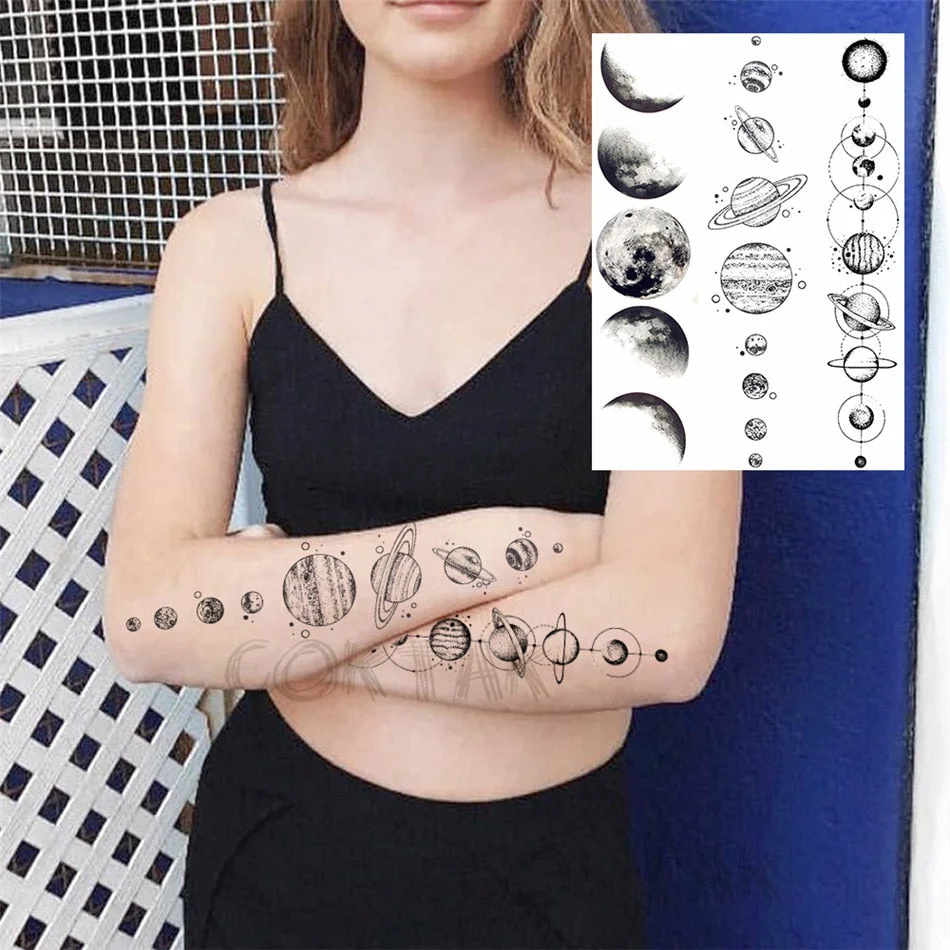 Creative Space Temporary Tattoos For Men Women Astronaut Planets Fake Chains Tatoos Temporary Black Mountain DIY Tatoo Geometric