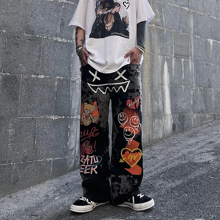 Streetwear Graffiti Men's Wide-leg Pants Jeans at Hiphopee