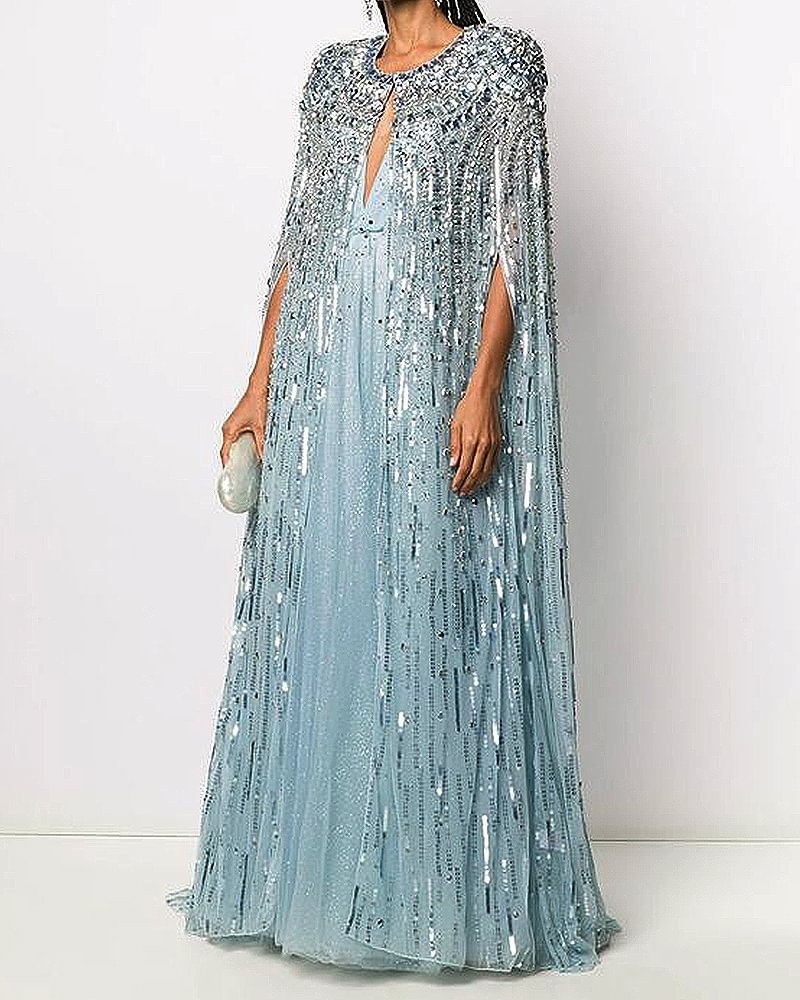 Sequined Cape-Effect Tulle Gown