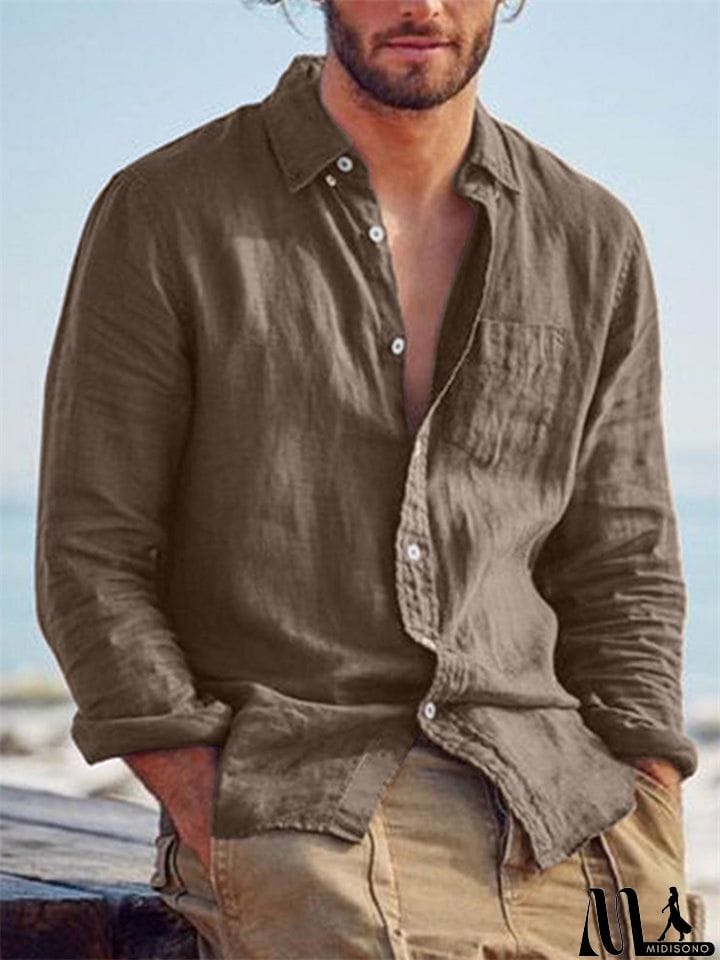 MidiSono - Men's Casual Plain Lapel Button Down Roll Up Sleeve Shirts