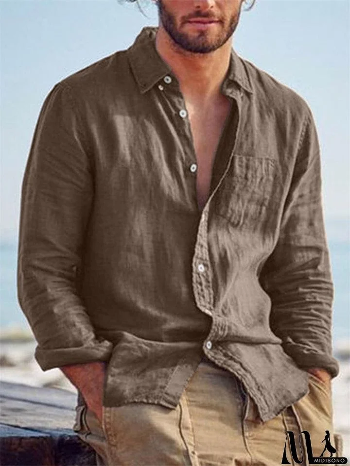 MidiSono - Men's Casual Plain Lapel Button Down Roll Up Sleeve Shirts