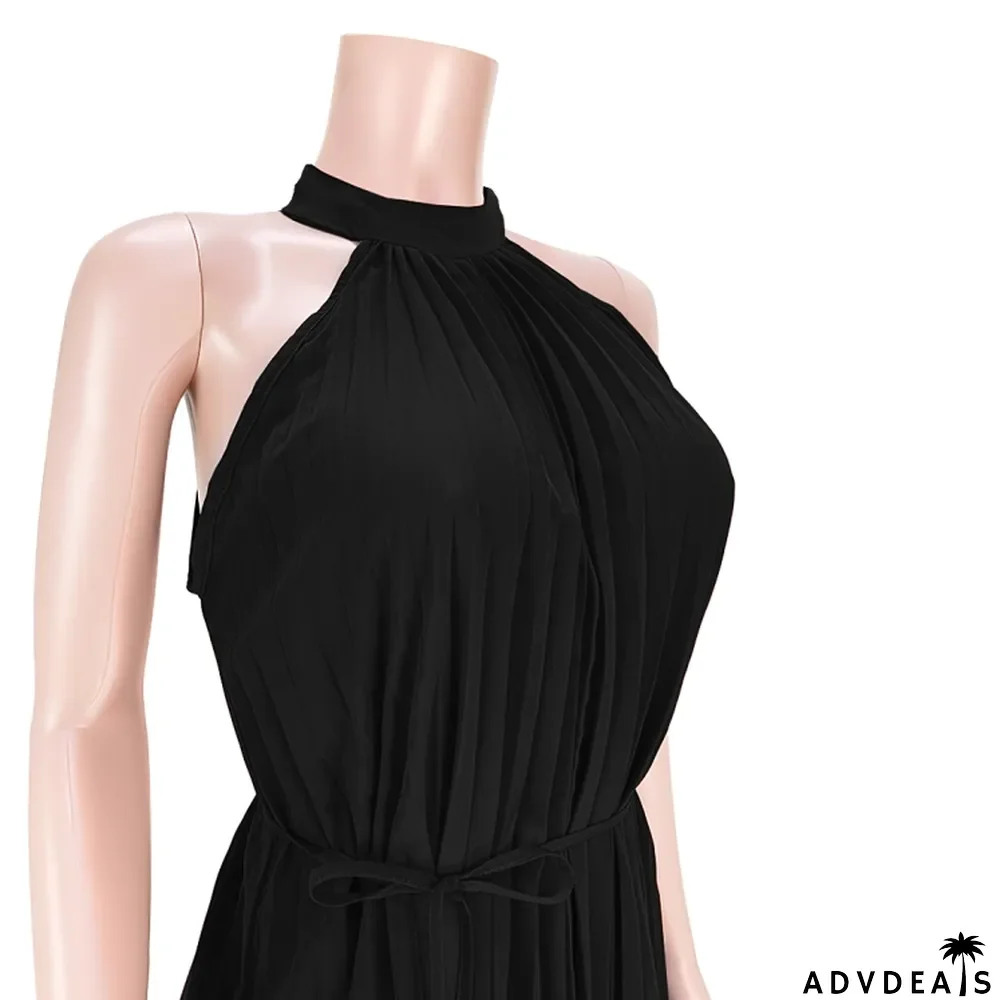 Women Summer Black Modest Turtleneck Sleeveless Solid Pleated Maxi Dress