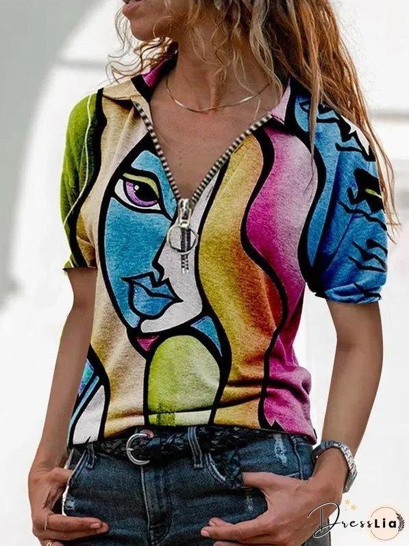 V-Neck Printed Zipper Short Sleeve T-Shirt for Women