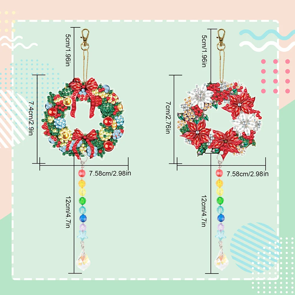 2pcs DIY Wreath Suncatcher Diamond Painting Art Pendant Christmas Home Windows Decor