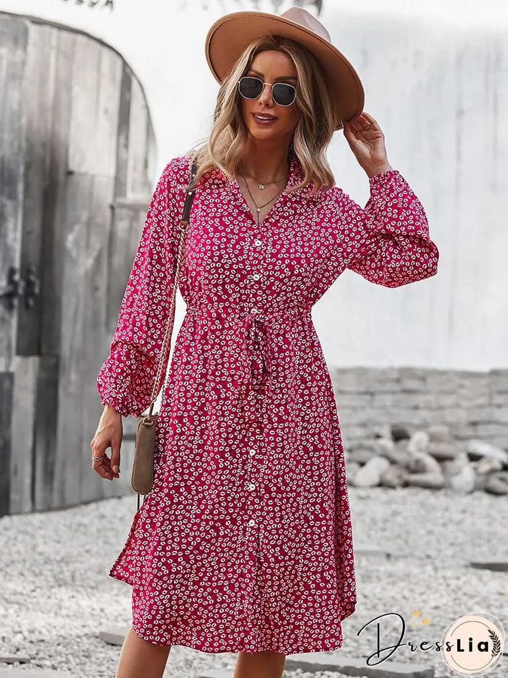 Dress for Women New Spring Autumn Printed Belt Waist A-Line Skirt Temperament Commuter
