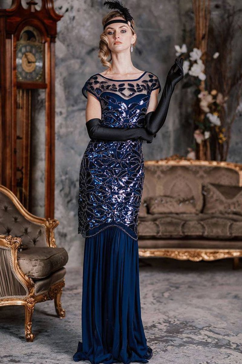 1920s Navy Blue Retro Sequin Slim Sleeveless Maxi Dress
