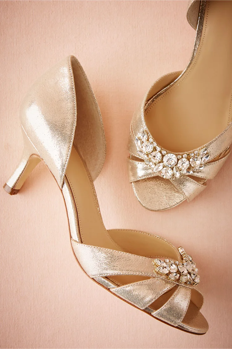 Champagne Bridal Heels Rhinestone Kitten Heel Double D orsay Pumps