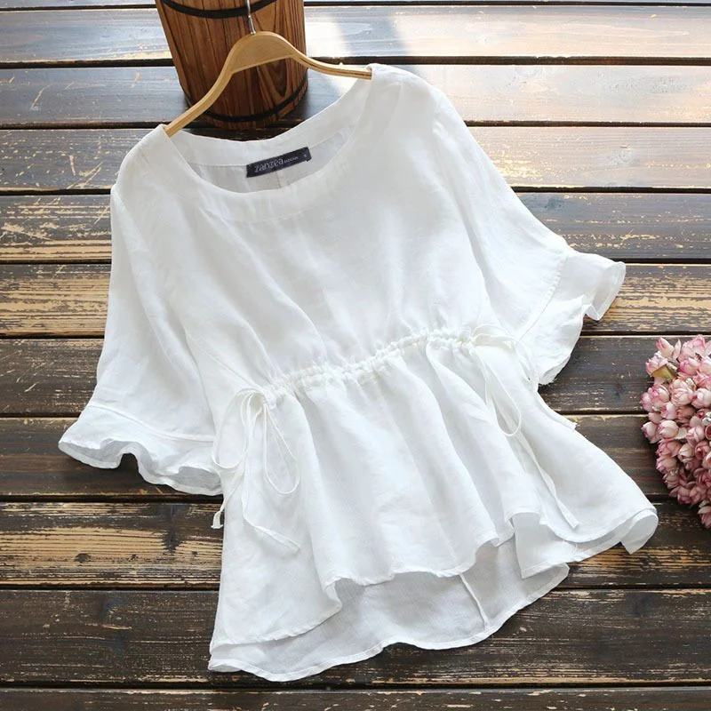 Women Summer Solid Flare Short Sleeve Blouse ZANZEA Cotton Drawstring Tops Casual Elegant O Neck Shirts Tunic Blusas