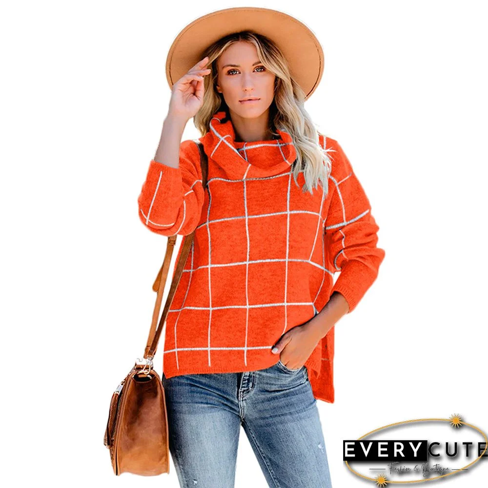 Orange Plaid Print Heap Collar Sweater