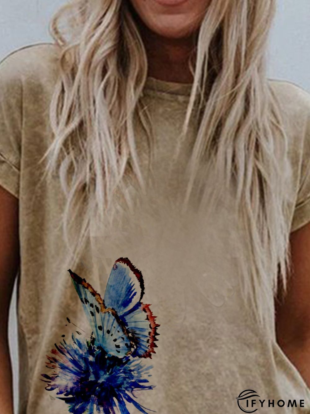 Khaki Printed Short Sleeve Round Neck Shirts & Tops | IFYHOME