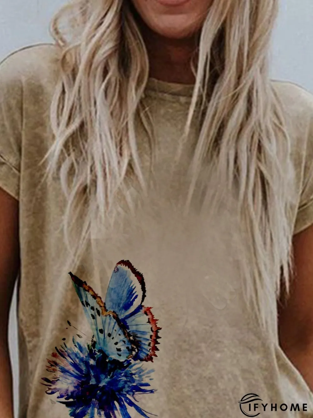 Khaki Printed Short Sleeve Round Neck Shirts & Tops | IFYHOME