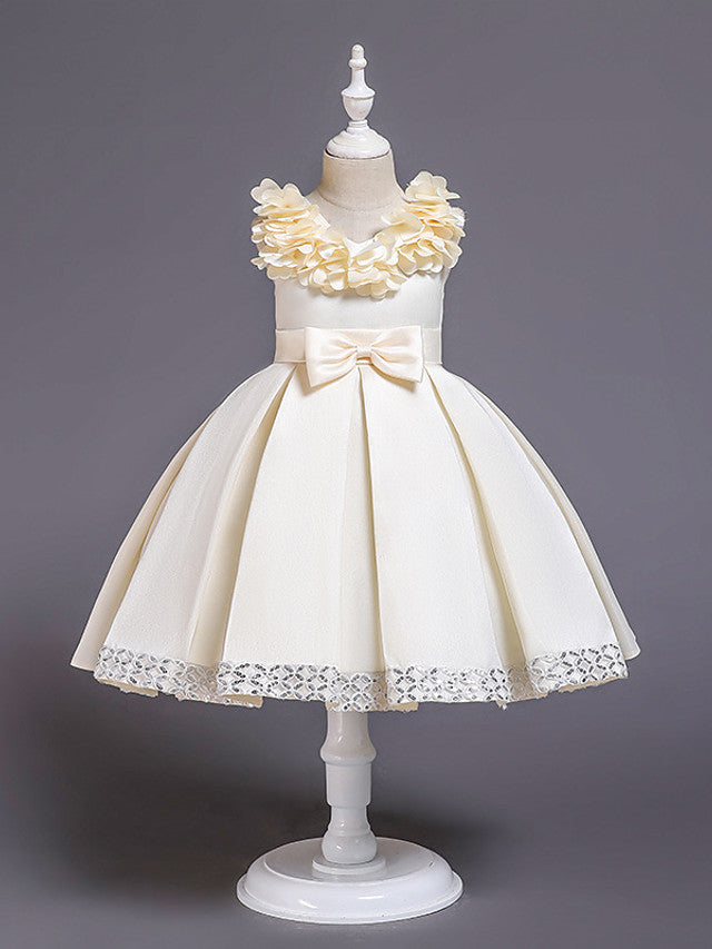 Oknass  Knee Length  Sleeveless Jewel Neck  Flower Girl Dresses Satin  Cotton With Petal  Belt  Bow