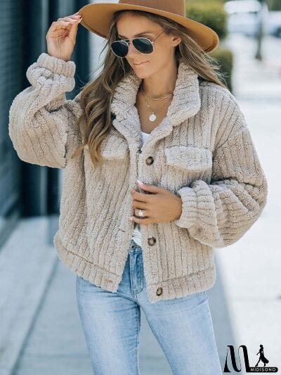 MidiSono - Fuzzy Button Up Collared Neck Jacket