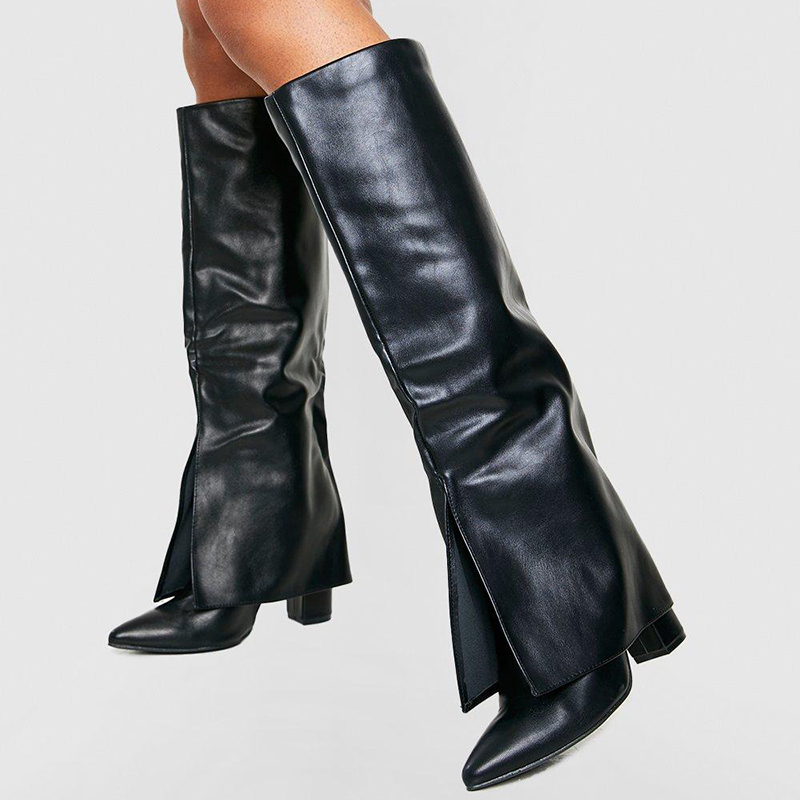 Black Pointed Toe Fold Over Knee High Boots with Chunky Heel Nicepairs