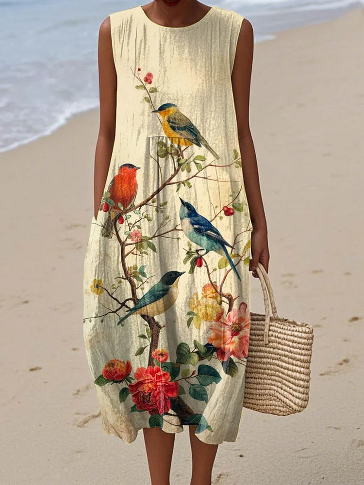Women's Lovely Birds Floral Art Print Sleeveless Cotton Pocket Wrap Dress
