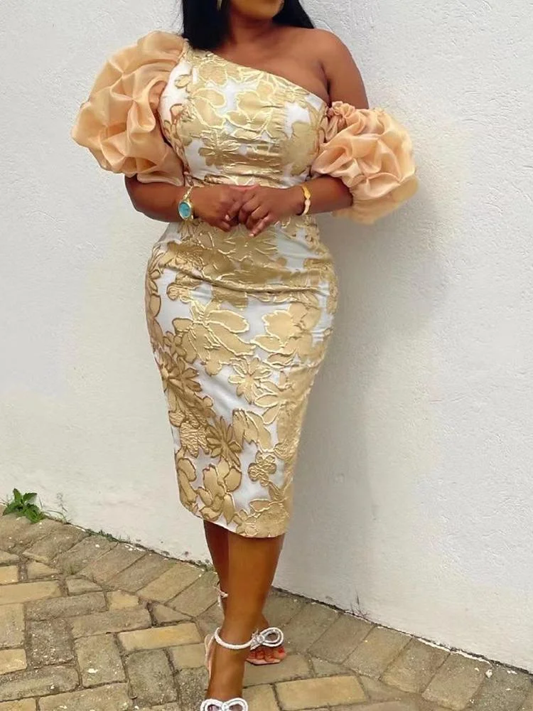 Promsstyle Promsstyle One shoulder puff sleeves floral printed evening dress Prom Dress 2023