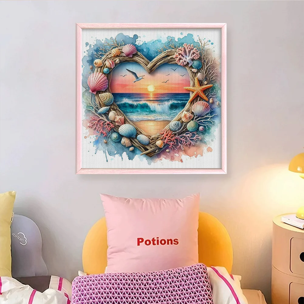 Heart-Shaped Beach Shells Full 14CT 2 Strands DIY Counted Embroidery Needlepoint Starter Kits Cross Stitch Patterns Arts Craft Kits for Beginners Adults Home Decor